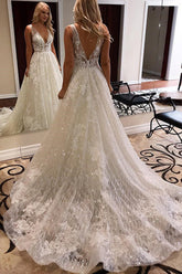 Gorgeous Ball Gown V-neck Open Back Sparkly Lace Wedding Dresses with Appliques